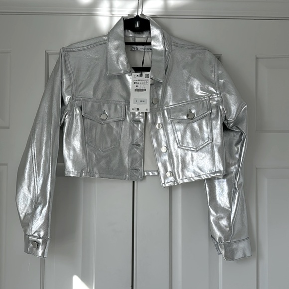 NWT Zara Silver Denim Jacket XS | silver metallic denim cropped jacket - Picture 4 of 10